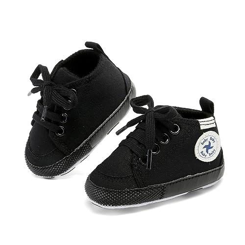 Baby Girls Boys Shoes Soft Anti-Slip Sole Newborn First Walkers Star High Top Canvas Denim Unisex Infant Sneaker (A01-Black Full, 12-18 Months) #TOP3
