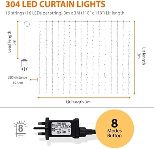 ANSIO Curtain Lights Indoor 3m x 3m with 304 LED Christmas Curtain Fairy Lights Outdoor, 8 Modes Hanging Lights for Window, Bedroom Wall, Garden, Party Decorations - Warm White Plug in Lights