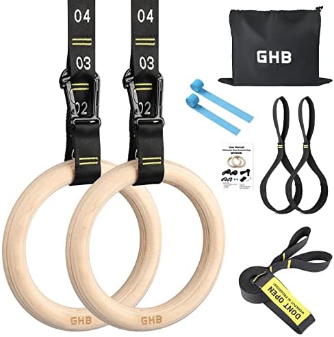 GHB Gymnastic Rings Wooden Gym Rings 1.25'' Training RingsAdjustable Numbered Straps Pull Up Rings Sets for Workout Bodyweight Fitness Training