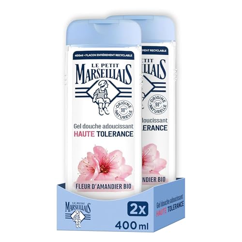 Le Petit Marseillais, Gel Douche Adoucissant Haute Tolérance Fleur d’Amandier Bio (lot de 2 flacons de 400 ml) – 98% d'ingrédients d'origine naturelle – Pour peaux sèches et sensibles