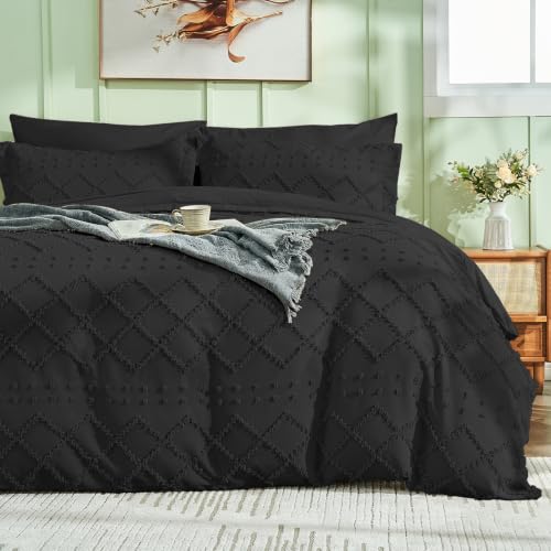 HYMOKEGE Duvet Cover Queen Size, Boho Tufted Duvet Cover Set 3 Pieces, Soft & Lightweight Shabby Chic, Embroidery Bedding Set for All Seasons, 90" × 90" & 2 Pillow Shams, Black by HYMOKEGE - Used condition - CA$52.43