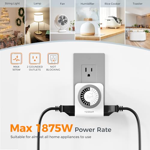TESSAN Outlet Timer, Mechanical 24-Hour Light Timers for Electrical Outlets Indoor, Dual 3-Prong Sockets 30-Minute Intervals, for Lamps, Christmas Lights, Fans (1 Pack) by TESSAN - Image 4
