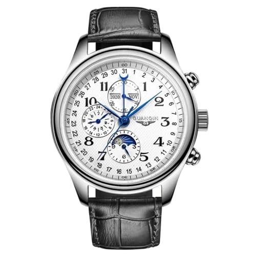 Guanqin Montre mécanique multifonction à remontage automatique en cristal saphir pour homme - Phase de lune - Calendrier perpétuel - Étanche - Bracelet en acier inoxydable ou en cuir, Argenté, blanc
