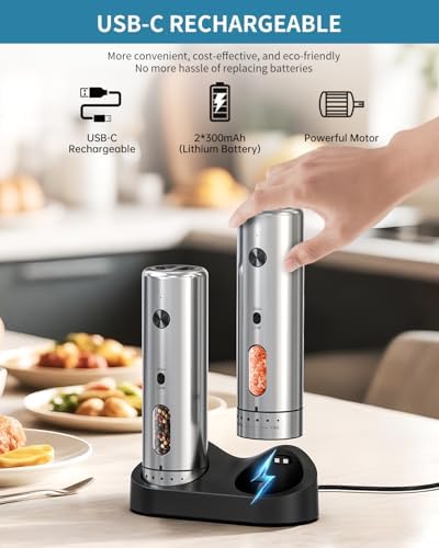 CIRCLE JOY Electric Salt and Pepper Grinder Set with Rechargeable Base Upgraded Stainless Steel Automatic Salt and Pepper Shakers with 2 Grinding Speeds, External Adjustment and 110ml Capacity, Silver - 3