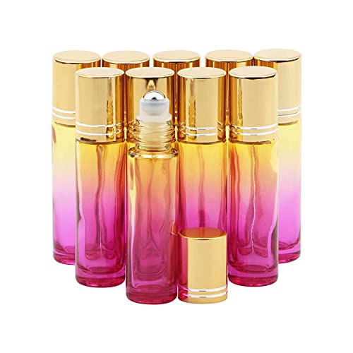 Rowiz 10 x ätherische Öle zum Aufrollen, 10 ml, nachfüllbar, leere Glas-Tintenrollerflaschen mit goldenem Deckel, perfekt für hausgemachte Parfümduft, Aromatherapieöle, Gelber Rosen-Farbverlauf Cover