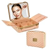 NJ GLAM Travel Makeup Case with LED Mirror - Durable Makeup Case with Lighted Mirror with 3 Adjustable Light Settings - Rechargeable Makeup bag with light up Mirror - Mini 10x mirror included