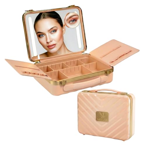 NJ GLAM Travel Makeup Case with LED Mirror - Durable Makeup Case with Lighted Mirror with 3 Adjustable Light Settings - Rechargeable Makeup bag with light up Mirror - Mini 10x mirror included