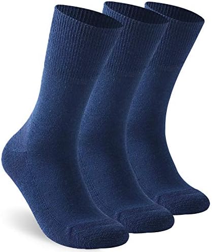 Facool Women's Men's Diabetic Socks, Circulatory Non-Binding Top Casual Dress Crew Mid Calf Merino Wool Diabete Wellness Seamless Toe Padded Socks, 3 Pairs Navy Blue Large