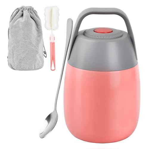 Termo Comida Caliente 450ml, Fiambrera Termica Infantil Adultos con Bolsa, Cepillo y Cuchara, Frasco Acero Inoxidable Doble Pared, Contenedor Térmico, Taza Cereales Yogur, 6-12h Caliente Frío (Rosa)
