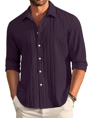 Image of FINIVO FASHION Men's Casual Cotton Polyester Blend Plain Button Down Shirt Long Sleeve Textured Summer Beach Shirt for Men
