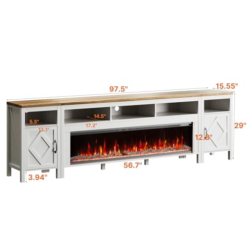 BVIUNTWO Fireplace TV Stand for TVs Up to 110 Inch,Modern Entertainment Center with 60" Electric Fireplace,White TV Console with Storage Cabinets for Living Room,Bedroom - Thumbnail 7