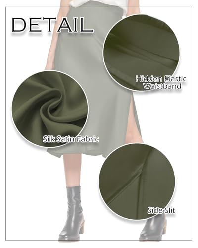 Image of Amy Babe Womens Satin Silk High Waist Slit Midi Skirt Long Skirts for Women | Elastic Waistband, Side Split, Midi Length, Below the Knee, Silky Fabric, Elegant, Fall Winter Outfits