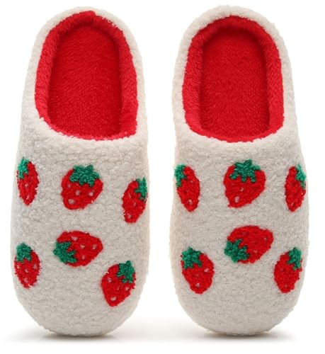 Cute Fruit Slippers Women Fuzzy Peach Strawberry Winter Plush House Cozy Indoor Slippers Anti-Slip Warm Cotton Home Shoes