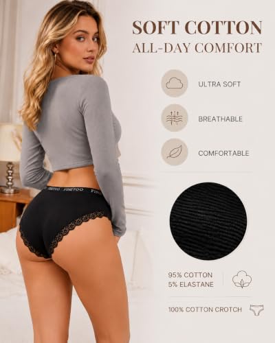 Image of Cotton Underwear for Women with Lace Trim Sexy Bikini Cheeky Panties 6 Pack