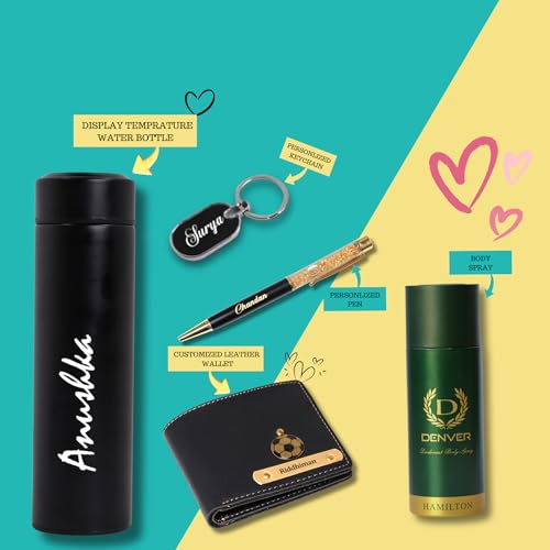 Image of Personalized Name & Charm Leather Mens Wallet Combo | Gifts for Men Husband Boyfriend Staff Employees Clients Colleagues Friend (Wallet,Pen,Keychain,Bottle&BodySpray)