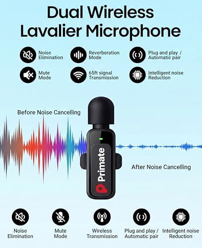 Image of Primate Wireless Lavalier Microphone for YouTube, Vlogging & Interviews, 20M Stable Range, Plug & Play Clip-On Mic with Type-C Receiver for Android, iPhone 15 /16, Camera & Recording 2Pcs