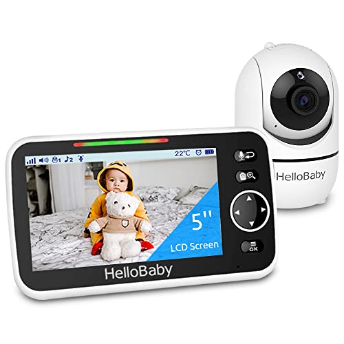 Hellobaby Monitor, 5''Display, Pan-Tilt-Zoom Video Baby Monitor With Camera And Audio, Night Vision, 2-Way Talk, Temperature, 8 Lullabies And 1000Ft Range Baby Monitor No Wifi For Elderly #TOP8