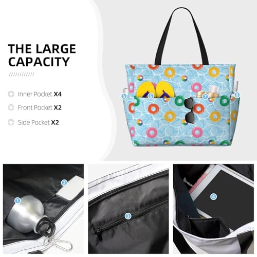 Large Beach Bags Water-resistant Sandproof - Swim rings floating Cute Beach Tote Bags for Women with Zipper3