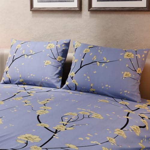 Image of BLISSHOME SoftTouch 140TC Cotton King Size Printed Bedsheet with 2 Pillow Covers for Double Bed, Silky Smooth Bedding Set, Breathable, Easy Maintain, Floral Print - Lavender, Yellow