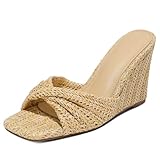 EQAUDES Espadrille Wedge Sandals for Women Summer Raffia Braided Square Open Toe Slides - Wedge Heels, Slip On, Dressy, Fashion, Beach, Mules sandals
