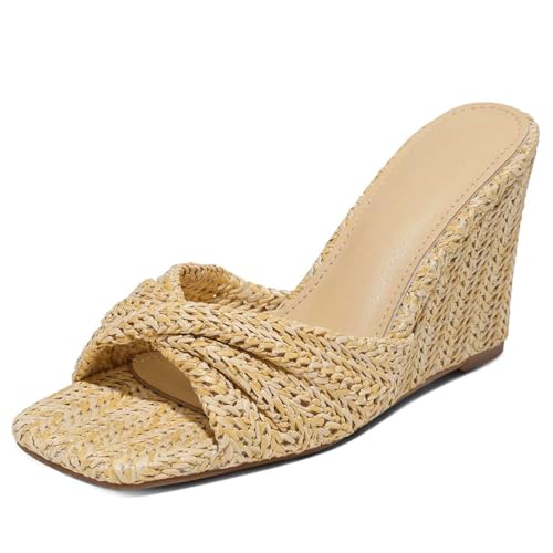EQAUDES Espadrille Wedge Sandals for Women Summer Raffia Braided Square Open Toe Slides - Wedge Heels, Slip On, Dressy, Fashion, Beach, Mules sandals