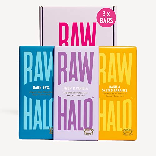 Colección Vegan Chocolate Taster – Halo crudo – Paquete de regalo de chocolate oscuro y Mylk – 3 barras de 70 g, orgánicas, lácteos y sin gluten