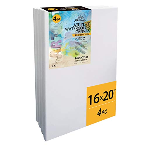 PHOENIX Blank Cotton Stretched Canvas Watercolor Artist Painting - 16x20 Inch/4 Pack - 3/4 Inch Profile Triple Primed for Water Soluble Paints, Mix-Media Paintings, Crafts & Pouring Art