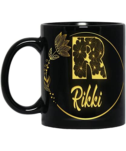 Coffee Mug Personalized Rikki Name & Initial Letter Monogram Floral Alphabet Mug Golden Flowers Custom Black Coffee Cup, Gift for Her Mom Coworker Sister, Wife, Girl 11oz Black Mug 880367 141349
