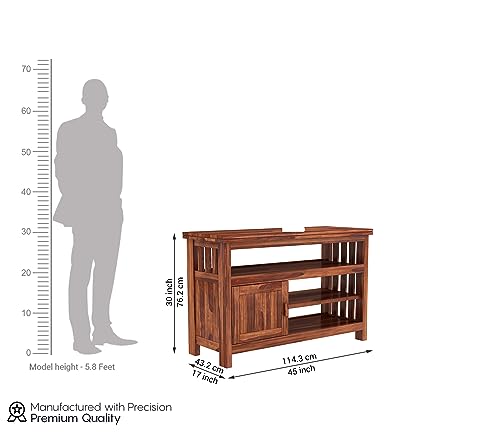 Image of Premium Solid Sheesham Wood TV Unit with 3 Shelves and 1-Door Storage for up to 45-inch TV - Elegant Living Room Furniture (Brewer, Honey Finish)