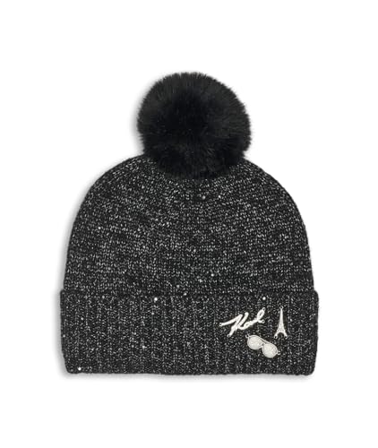 Image of Karl Lagerfeld Women's Sequin Knit Faux Fur Pom Beanie, Black, One Size