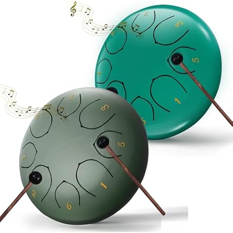 2 Pcs Rain Drum for Outside Garden, 6 Inches 8 Notes Steel Tongue Chakra Drum, Waterproof Rain Chime Meditation Drum, Musical Instruments for Adult Gift with Drum Bag, Music Book, Drum Mallets Cover
