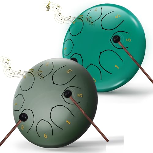 2 Pcs Rain Drum for Outside Garden, 6 Inches 8 Notes Steel Tongue Chakra Drum, Waterproof Rain Chime Meditation Drum, Musical Instruments for Adult Gift with Drum Bag, Music Book, Drum Mallets