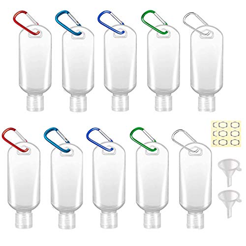Preisvergleich Produktbild Yalbdopo Leere Kunststoffflaschen, 50 ml, transparent, nachfüllbar, mit Klappverschluss, mit Gürtelclip (zufällige Farbe), Haken, Karabiner, inklusive 2 Trichter und 12 Etiketten, 10 Stück