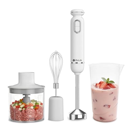 Batidora de mano MULIN 4 en 1, 600W con velocidad ajustable y protector contra salpicaduras, incluye batidor, vaso y picadora, ideal para sopas, salsas y batidos en la cocina