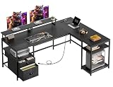 REIBII Ｌ字デスク 幅168*奥行き120*高さ75cm 特大サイズ パソコンデスク コンセント付き 机 ワークデスク pcデスク 引き出し付き オフィスデスク モニタースタンド対応 調整可能の棚板付き ゲーミングデスク L字 ...