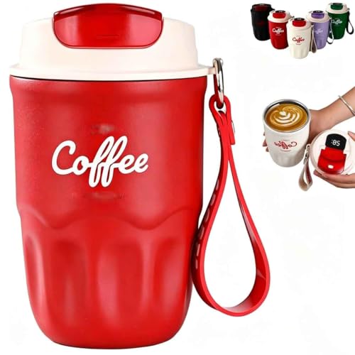 Coffee Vacuum Flask,Smart Led Temperature Display Coffees Cup With Leak-Resistant Lid And Handle,12 Oz 316 Stainless Steel Liner