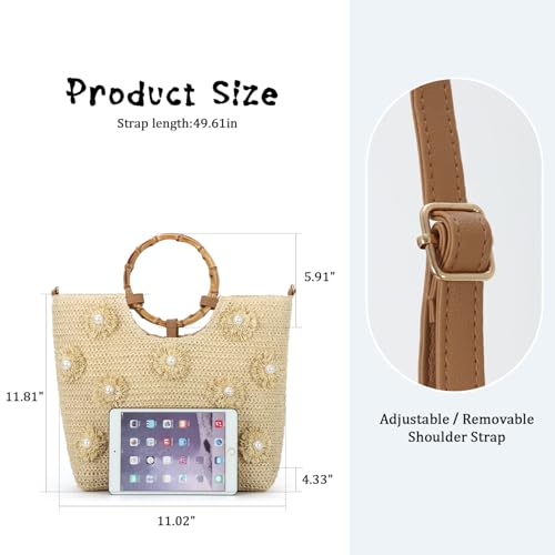 Bolso Tote de Paja con Perlas para Mujer Verano Playa miniatura 5