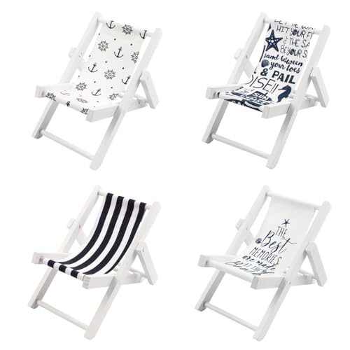 4 PCS Beach Miniature Furniture Decoration, Mini Wooden Folding Beach Chair Sunbath...