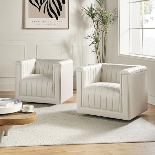 Faux Leather Swivel Accent Chair Set of 2, Boxy Silhouette Chair with Striped Arm