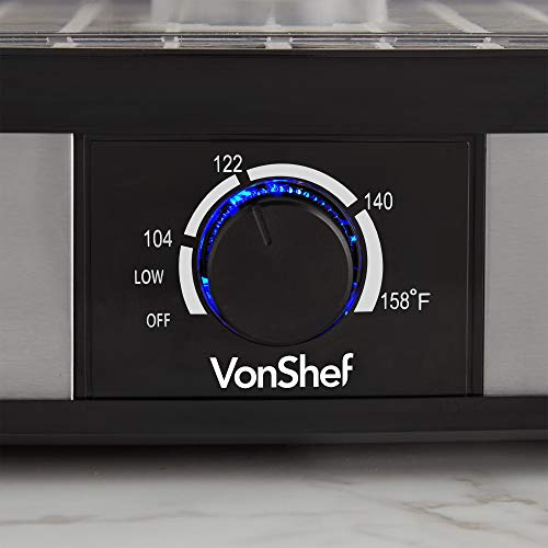 VonShef Food Dehydrator - Electric 5 Tier Tray Machine with Adjustable Temperature Control & Hot Air Circulation - Food Dryer for Beef Jerky, Vegetables, Fruit & Dog Snacks - Stainless Steel, 250W