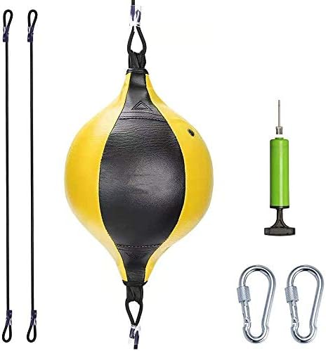 FOUUA Double End Bag Leather Speed Ball, Hanging Boxing Punching Ball with Pump, Boxing Reflex Ball for Gym MMA Boxing Sports Punch Bag Adult Kids Men Women (Yellow)