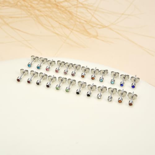 JUSTJANDM 12 Pairs Ear Piercing Stud Earrings for Ear Piercing Guns, Surgical Stainless Steel Multicolor Round Heart Star Cubic Zirconia Birthstone Stud Earrings Set (Silver round 5mm) by JUSTJANDM - Image 3