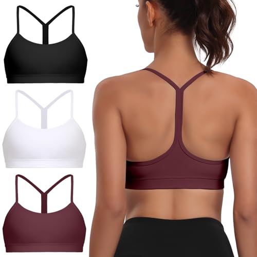 Image of Raxnode Women's 3-Pack Y-Back Sports Bra, Thin Spaghetti Strap Nylon Yoga Bra with Removable Cups, Light Support Bralettes