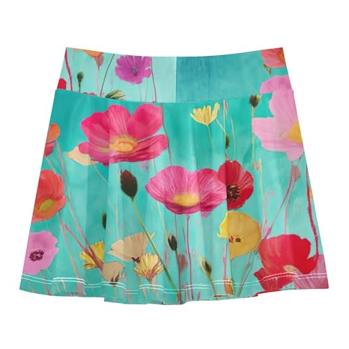 Joisal Skirts with Shorts Watercolor Painting Flowers Teal Athletic Shorts for Girls Skorts Breathable Flowy Skirt 4t2