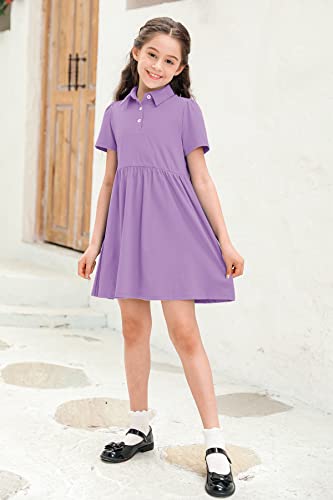 Gamisote Girls School Uniform Dresses Short Sleeve Button Down Casual A-Line Polo Dress Purple #TOP4