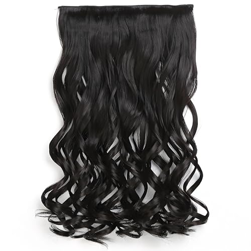 5 Clip in Hair Extensions Synthetic Thick Curly Wavy Hairpieces for Women 18 Inch Natural Looking 3/4 Full Head Clip on Hair Extensions Black Brown