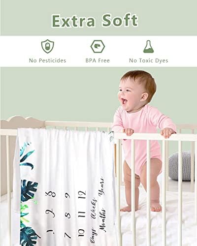 Trongle Baby Monthly Milestone Blanket, Premium Fleece Ultra Soft Baby Milestone Mat for Newborn Boy Girl, Baby Age Blanket with 4 Photograph Décor, Unisex Shower Gifts Wrap Set for Xmas (120x100cm)