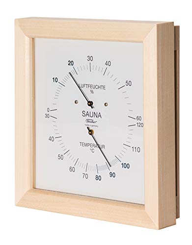 Fischer 187TH-03 - Termohigrómetro para Sauna, Carcasa de Madera, 200 x 200 mm, Humedad 0 a 60% HR, Temperatura 30 a 120 ° C