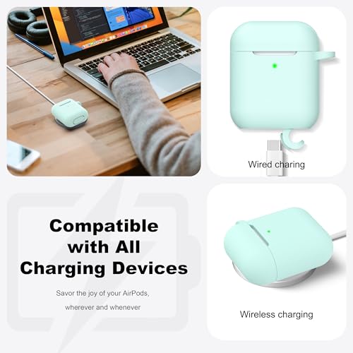 Image of AirPods Case Cover with Keychain, Full Protective Silicone AirPods Accessories Skin Cover for Women Girl with Apple AirPods Wireless Charging Case,Front LED Visible-Turquoise