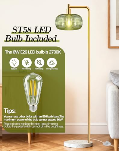 QiMH Gold Floor Lamp for Living Room, Mid Century Modern Standing Lamp Brass Tall Lamp with Green Glass Lamp Shade Marble Base, Large Vintage Retro Floor Lamps for Bedroom Home Decor — view 5